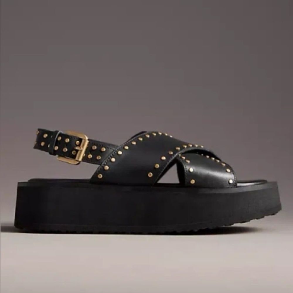 Anthropologie Maeve Black Gold Studded Platform Sandals